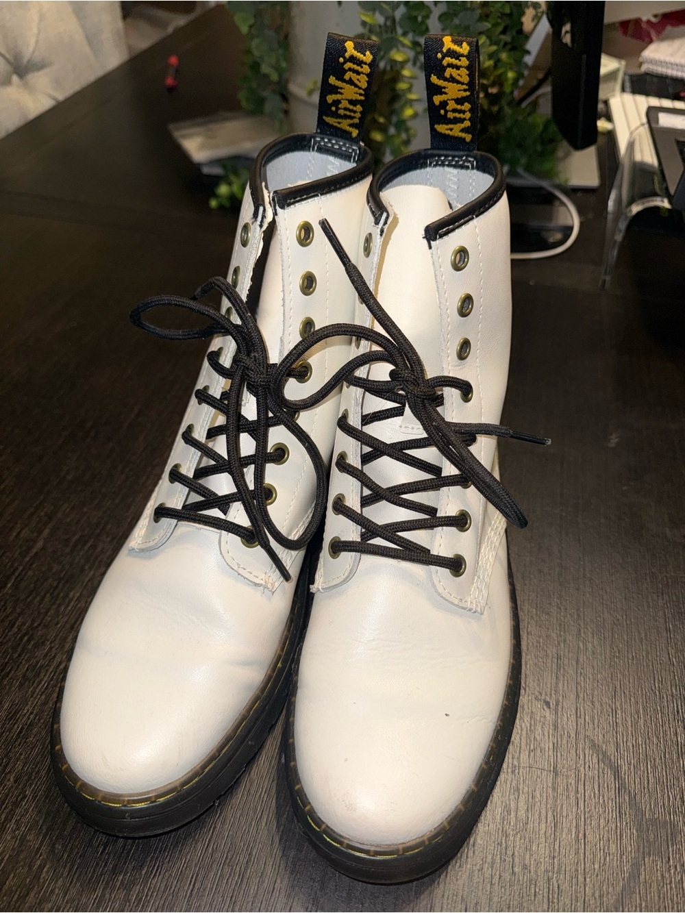 Dr. Martens White Leather 8-Eye Lace-Up Combat Boots with Black Trim